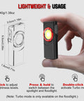 Clip On EDC Ready Rechargeable Pocket Light With 700 Lumen Dual Light Sources shown in hand, size dimensions indicated, black color.