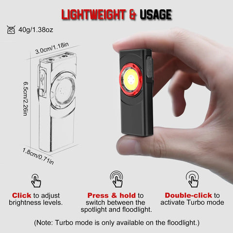 Clip On EDC Ready Rechargeable Pocket Light With 700 Lumen Dual Light Sources shown in hand, size dimensions indicated, black color.