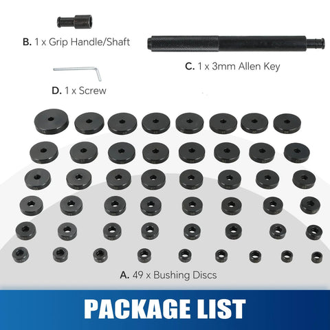 Amazon ATP Bush Bearing and Seal Driver Set, 52pc; shows 49 black bushing discs plus grip handle, Allen key, and screw