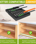 No Sweat Roll Out Cabinet Organizers Two Pack Adjustable Width Storage Bins With Strong Nano Adhesive Tape, showing compatibility in frameless and framed cabinets.