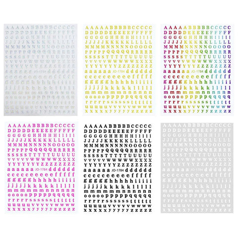 Sheets of multicolored alphabet stickers in various fonts and styles displayed in a grid layout.