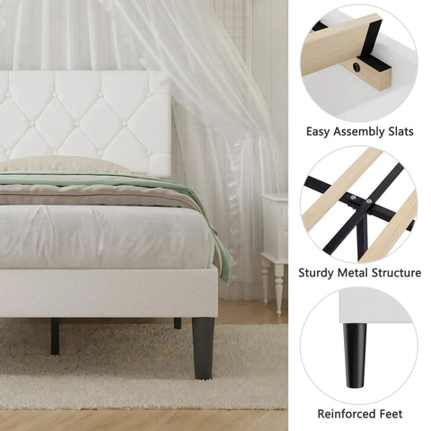 Twin Size Upholstered Platform Bedframe With Iconic Button Tufted Linen Headboard features easy assembly slats and sturdy feet.