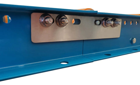 Side view of RS14 Conveyor Connector Plate Kit With 2 Steel Plates Zinc Plated Screws And Lock Nuts for gravity conveyors.