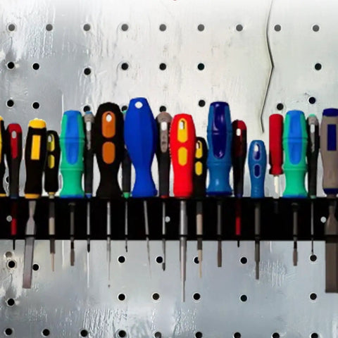 Heavy Duty Screwdriver Storage Holder, Space Saving Tool Rack With 2X Capacity holding colorful screwdrivers on wall mount