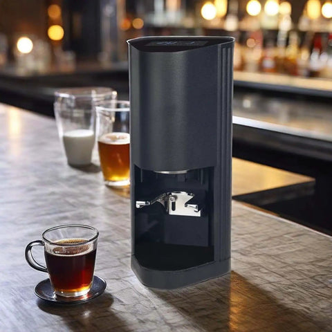 58Mm Led Display Electric Espresso Tamper Nailing Perfect Pressure And Spot On Depth Control Pulling Sick Shots Daily Top Shelf Barista Grade Coffee Press Tool For Pros on bar counter with espresso cup.