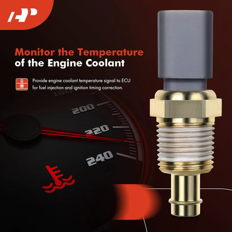 Engine Coolant Temperature Sensor Compatible With Dodge Grand Caravan 08 19 Ram 1500 2500 3500 Challenger Durango Journey Jeep Water Temperature Sensor Replacement By APremium For Chrysler Dodge And Jeep Models, showing a metal threaded component next to a temperature gauge graphic.