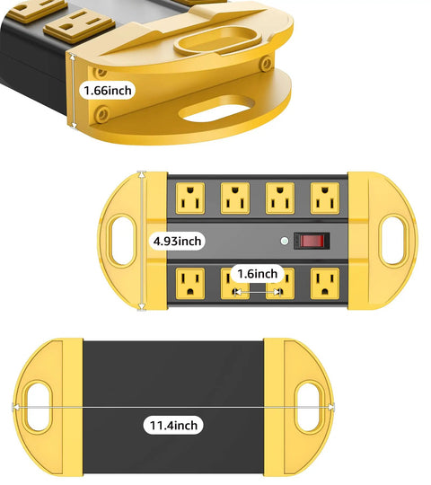 Dimensions of Beefy Heavy Duty Metal Power Strip Surge Protector With 8 Outlets, 15 Amp, Aluminum Housing, Yellow, 6 Ft Extension Cord