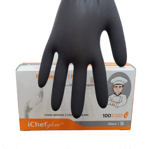 Nitrile Gloves Black Powder Free For Food Service And Safe Food Handling, Small, latex-free glove over box, 100 count