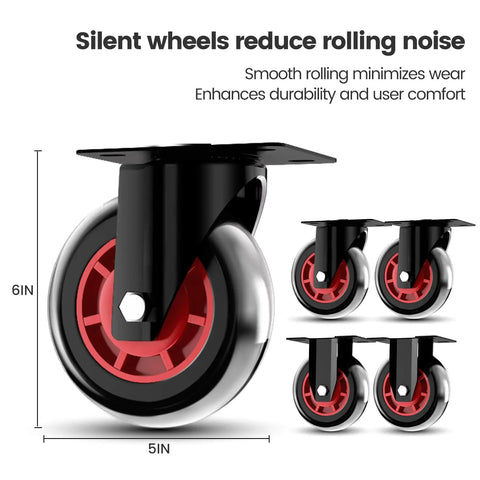 Beefed Up Foldable Push Cart Dolly With 800 Lbs Capacity showing 5-inch TPR 360-degree silent wheels, 2 swivel and 2 rigid.