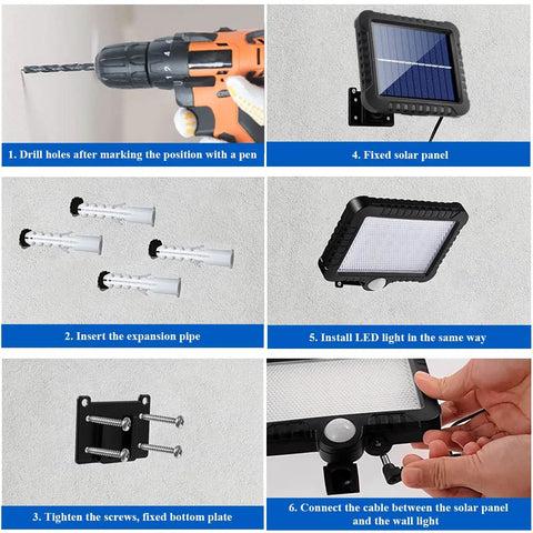 Installation steps for Outdoor Solar Motion Lights With 56 LED, IP65 Waterproof, Split Solar Panel Kit With 16.5ft Cable