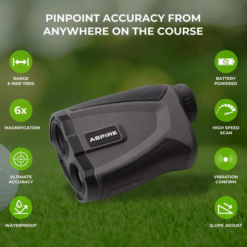 Golf Rangefinder With Slope On Off 6X Magnification 1000 Yard Pin Seek Waterproof on grass with feature icons