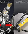 Heavy Duty Hydraulic Puller With Snap Lock Hand Pump, showing quick-connect fitting and manual pump setup.