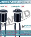 Five Pack 12mm Latching Push Button Switches With Raised Head On Off Normally Open Pre Soldered Cable Aluminum Alloy Shell Waterproof IP66