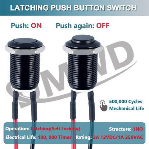 Five Pack 12mm Latching Push Button Switches With Raised Head On Off Normally Open Pre Soldered Cable Aluminum Alloy Shell Waterproof IP66