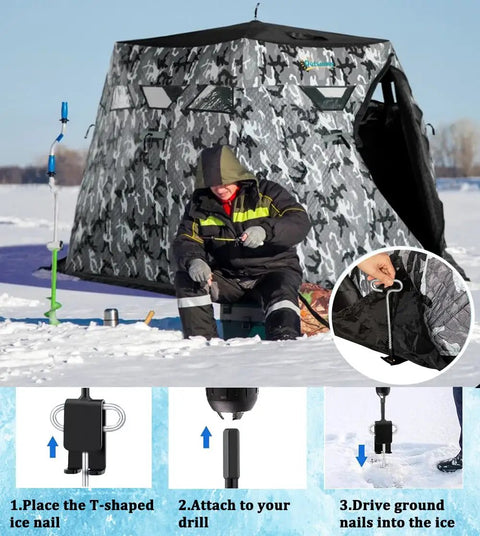 Ice Anchor Tool Kit For Ice Fishing Shelter Setup With Drill Bit Adapters and nails securing tent on ice