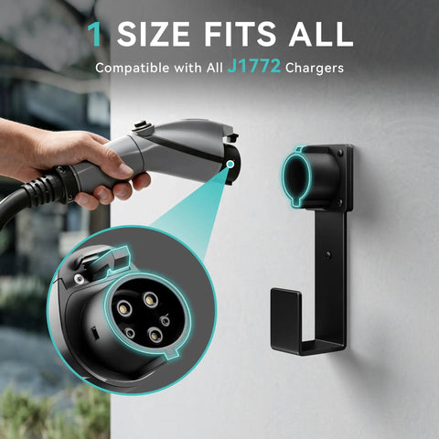 Heavy Duty Stainless Steel EV Charger Holder For J1772 Connectors Wall Mount Cable Organizer and Nozzle Holster dock holding plug.