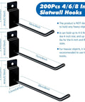 Slatwall Hooks Set 200 Pcs Includes 4 6 And 8 Inch Hooks for Garage Shop and Retail Display shown in size comparison and installation guide