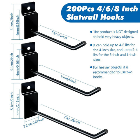 Slatwall Hooks Set 200 Pcs Includes 4 6 And 8 Inch Hooks for Garage Shop and Retail Display shown in size comparison and installation guide