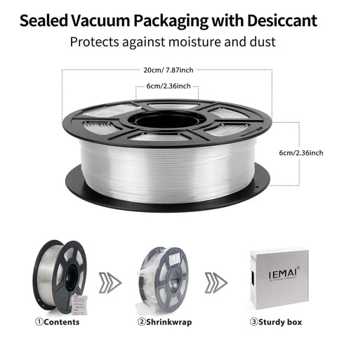 Crystal Clear PETG Filament 1.75mm 1kg, sealed vacuum packaging with desiccant, spool dimensions labeled.