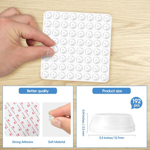 Round Silicone Cabinet Door Bumpers 192 Piece Pack Self Adhesive Furniture Pads Clear Anti Squeak Protectors displayed on wood.