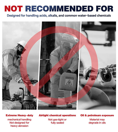 Image highlighting uses NOT recommended for Two Pairs Heavy Duty Chemical Resistant Rubber Gloves For Industrial Cleaning And Dishwashing Acid Alkali Safe Hazmat Ready Tough As Nails Grip.