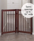 Extension Kit For 360 Configurable Walk Through Folding Pet Gate In Walnut Finish, 30 Inch Wide, set in hallway expanding to 36 inches