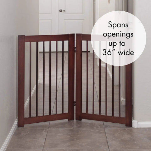 Extension Kit For 360 Configurable Walk Through Folding Pet Gate In Walnut Finish, 30 Inch Wide, set in hallway expanding to 36 inches