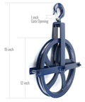 Built-Tough Heavy-Duty 12 Inch Gin Wheel Gin Block With Drop Forged Swivel Hook, 1000 Lbs Working Load, Navy Blue Finish, Side View