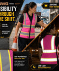 Snug Fit Reflective Safety Vest For Women With Utility Pockets Adjustable Elastic Waist Bright Pink High Vis Construction Gear worn by woman, showing reflective features.