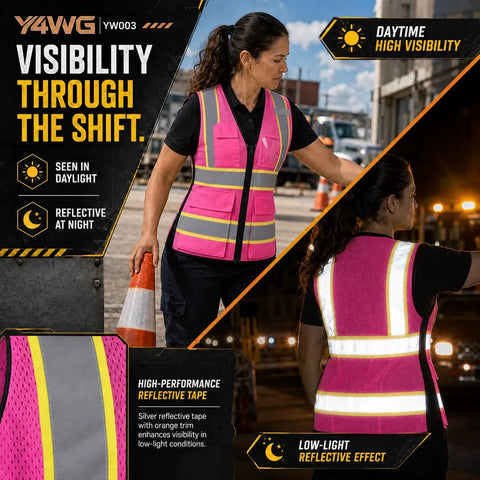 Snug Fit Reflective Safety Vest For Women With Utility Pockets Adjustable Elastic Waist Bright Pink High Vis Construction Gear worn by woman, showing reflective features.