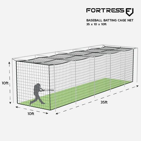 Heavy Duty Batting Cage Netting, Fully Enclosed Baseball And Softball Cage Net, Weatherproof HDPP Twine With UV Stabilization, 10x10x35ft.