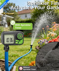 Plug And Play Sprinkler Timer For Your Yard: Programmable Digital Hose Timer With Rain Delay, Manual And Automatic Watering Outdoor Waterproof Irrigation Controller With Brass Inlet One Outlet installed in a garden