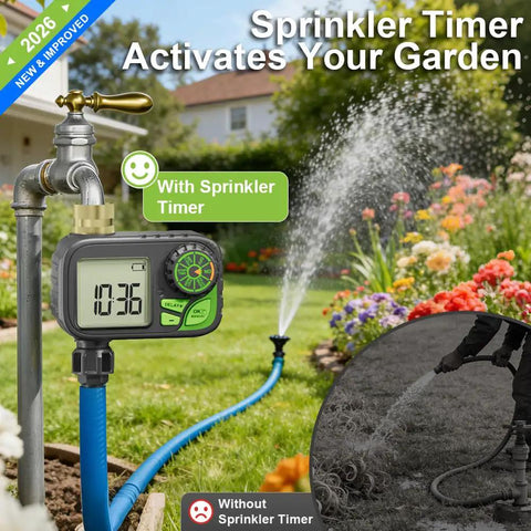 Plug And Play Sprinkler Timer For Your Yard: Programmable Digital Hose Timer With Rain Delay, Manual And Automatic Watering Outdoor Waterproof Irrigation Controller With Brass Inlet One Outlet installed in a garden