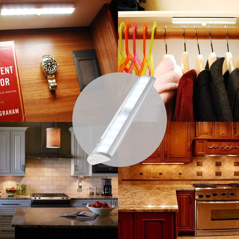 Motion Sensing LED Light 10 LED Under Cabinet Battery Powered Wireless Stick On Night Light 3 Pack With Magnetic Tape Strips No Wires Needed Portable DIY Closet Hallway Lighting installed in various settings
