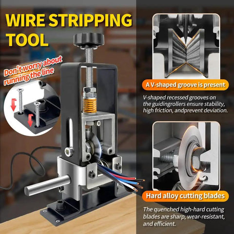 Manual and drill driven copper wire stripping machine for fast scrap wire removal, showing V-shaped groove and alloy cutting blades.