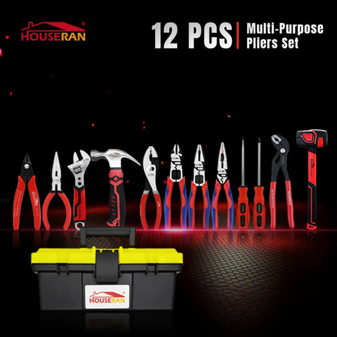 Beefy 12 Piece Hand Tool Set With Toolbox For Home Garage And Diy Includes CRV Pliers Set Precision Wire Cutters Dual Use Screwdrivers Adjustable Wrench Rubber Mallet And Claw Hammer