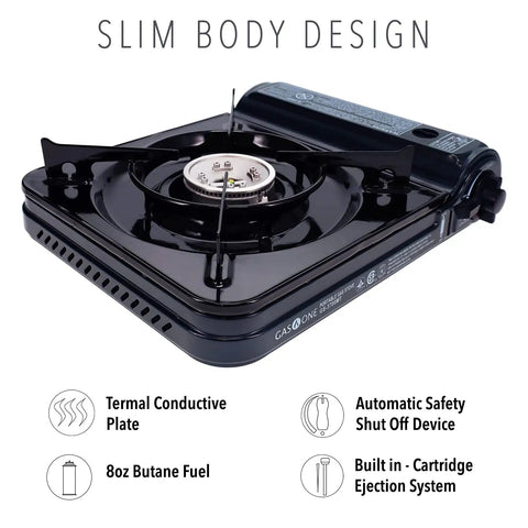 Portable 10,000 BTU Butane Gas Stove With Carrying Case CSA Certified Piezo Ignition With Safety Lock And Auto Shutoff