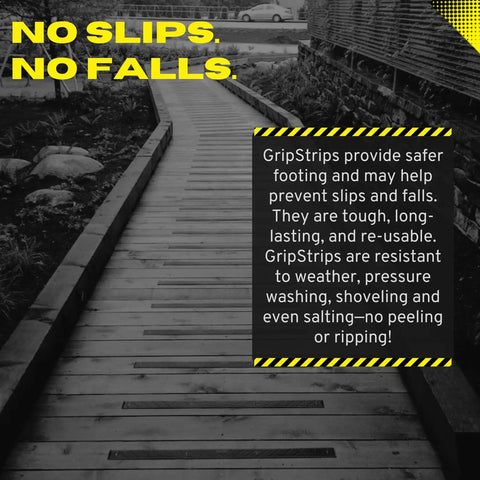 Non Slip Grippy Tread Strips 8 Pack 32 Inch By 2 Inch on wooden outdoor path with safety text overlay