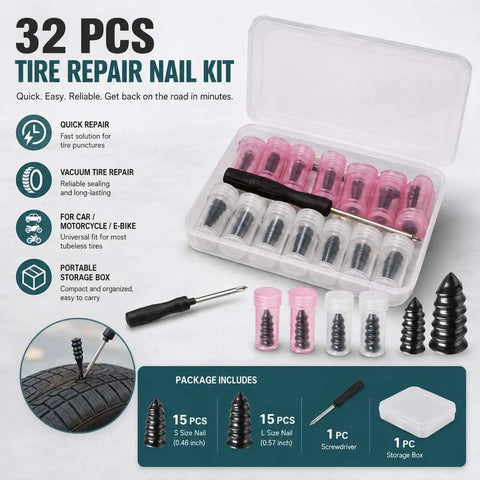 Rock Solid Mushroom Tire Repair Kit With Steel Puller Tool And Compact Carry Case For Cars Trucks Scooters And Electric Bikes No Sweat Roadside Puncture Patch Jobs, 32-piece set in storage box.