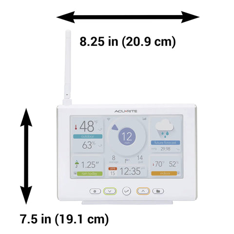 Front view of Iris Wireless Weather Station With Hd Direct To Wifi Display showing dimensions and climate data interface.