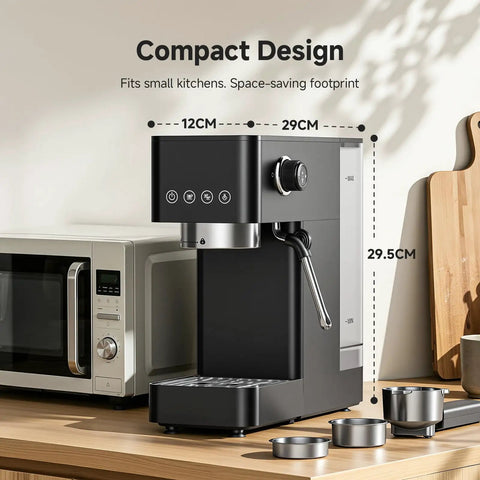 Compact design of Snag This Pro Level 20 Bar Espresso Machine With Rapid 30 Second Heat Up And Precision Microfoam Steam Wand.