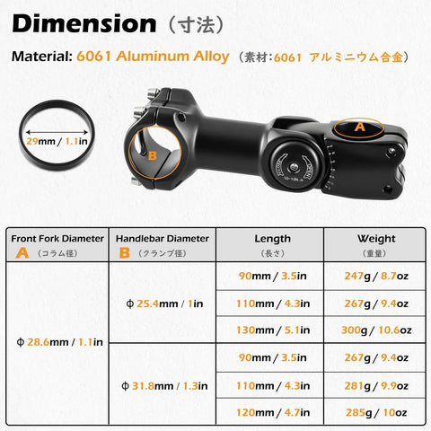 Adjustable Bike Stem For 31.8Mm Handlebar And 28.6Mm Steerer Extender Riser dimensions chart, 6061 aluminum alloy material
