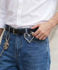 Person wearing jeans with Y2K Heart Carabiner Keychain With Cute Star Clip For Keys Purses And Bags Dope Metal Key Ring