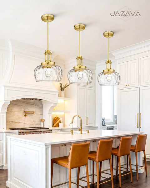 JAZAVA 10-Inch Brushed Gold Pendant Light, Modern Farmhouse Hanging Fixture above kitchen island with ribbed glass shades.