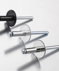 Dead Set Heavy Duty Black Aluminum Pop Rivets 3/16 X 1/2 Inch Large Cap Open End Design 150 Piece Pack, three rivets shown.