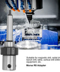 Morse R8 adapter for drill press, silver cylindrical shank with black collar, front view