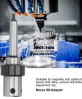 Side view of MT2-19.05mm drill sleeve R8 adapter with mandrel, silver metal for magnetic drill equipment