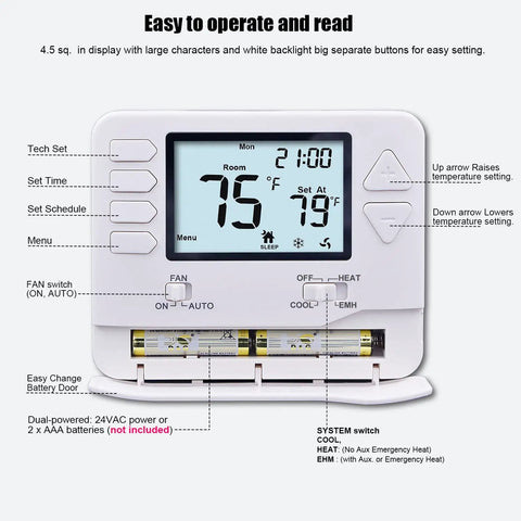 5/1/1 Day Programmable Heat Pump Thermostat For 2H/1C Systems With Aux Emergency Heat, DIY Install, 4.5 Inch Display Front View