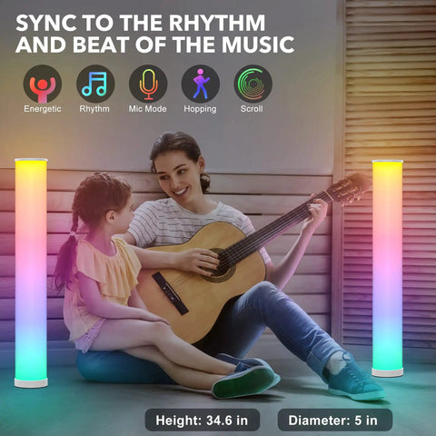 2 Pack Corner LED Floor Lamp With App Control RGB Color Changing Lights Music Sync Dimmable Brightness beside people playing guitar