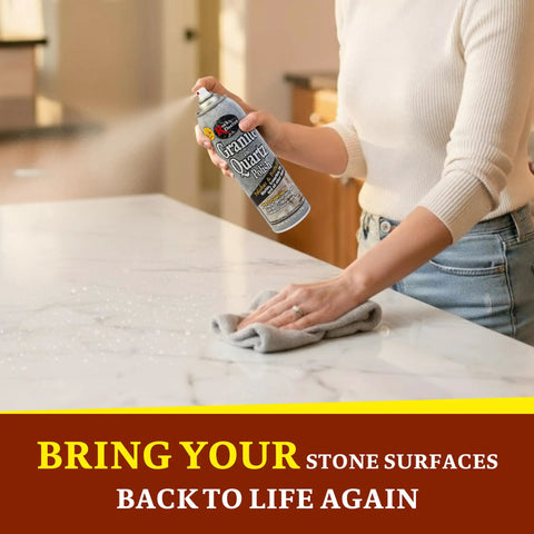 Person applying Granite Polish Spray For Stone Surfaces 18oz Can Clean And Shine Tile, Marble, Kitchen Countertops, And Natural Stone With Streak Free Finish Pack Of 1 on marble countertop